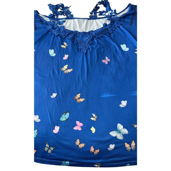 NO MFG. TAG SHORT/COLD SHOULDER PULL-OV CAMISOLE-WOMEN, L-BLUE-BUTTERFLIES, LACE - Picture 8 of 11